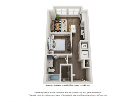 Floor plan for 1 bed, 1 bath, 584 sqft